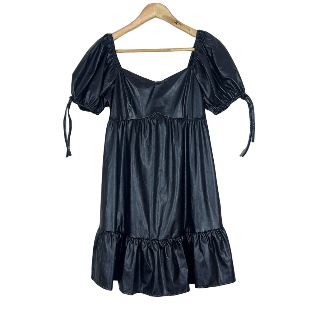 Day + Moon Faux Leather Mini Dress Black Puff Sleeve Ruffle Whimsigoth Size S